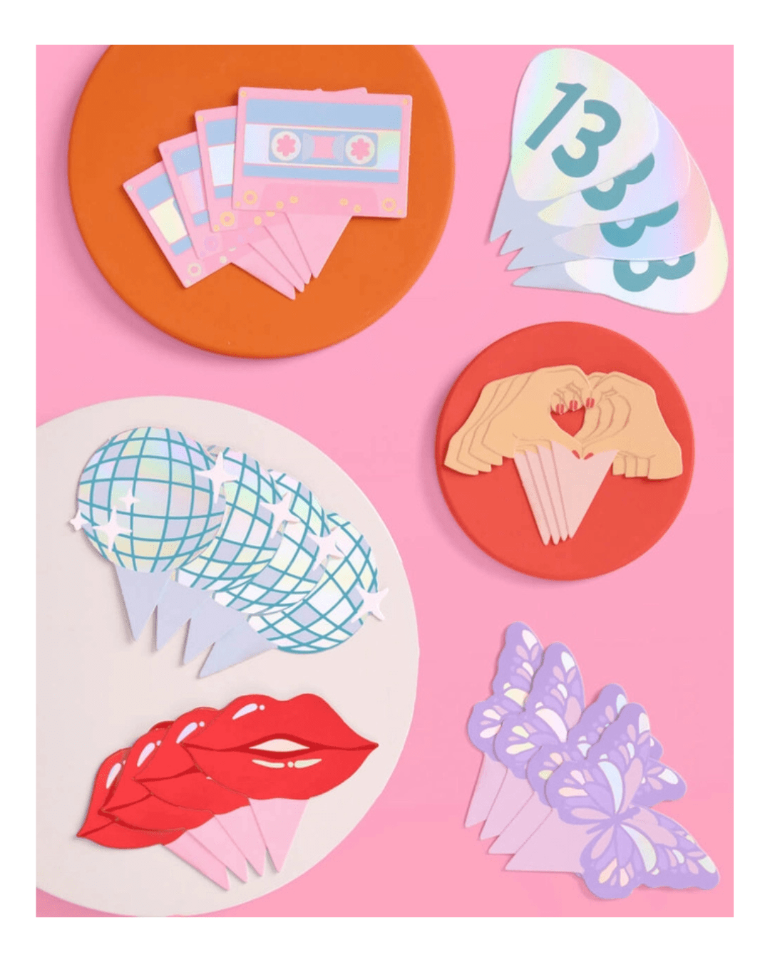 Multicolor custom cupcake toppers in cassette lips heart and butterfly shapes birthday theme from Parte Haus party supply store in Bethesda MD.