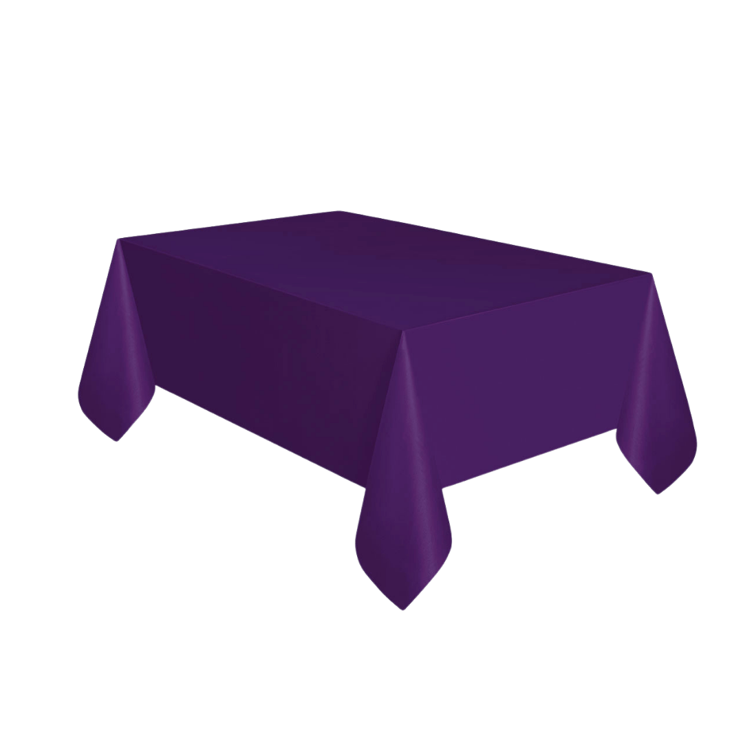 Purple plastic tablecloth rectangular shape for birthday from Parte Haus party supply store in Bethesda MD