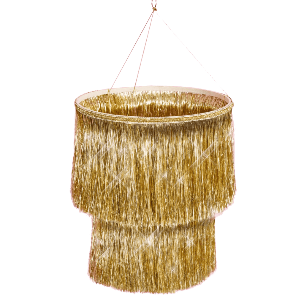 Gold fringe chandelier piñata with a sparkling design for festive occasion from Parte Haus party supply store in Bethesda Maryland