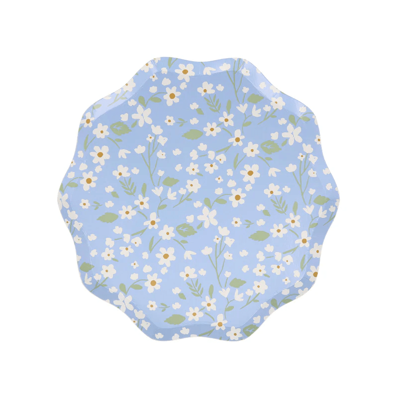 Blue floral scalloped plate with white and yellow flowers for spring from Parte Haus party supply store in Bethesda MD