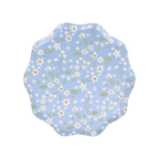 Blue floral scalloped plate with white and yellow flowers for spring from Parte Haus party supply store in Bethesda MD