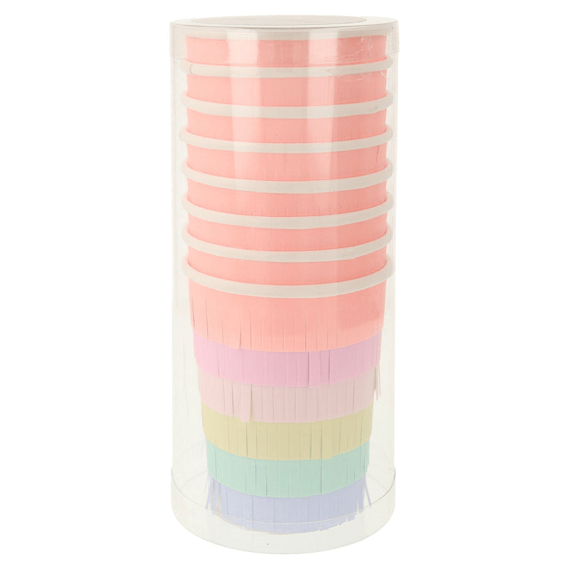 pastel rainbow cup set with fringe edge perfect for birthdays from Parte Haus party supply store in Bethesda Maryland