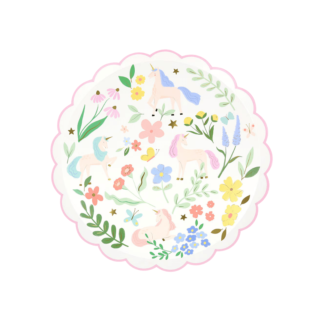 Pastel unicorn plate with floral design for kids birthday from Parte Haus party supply store in Bethesda MD