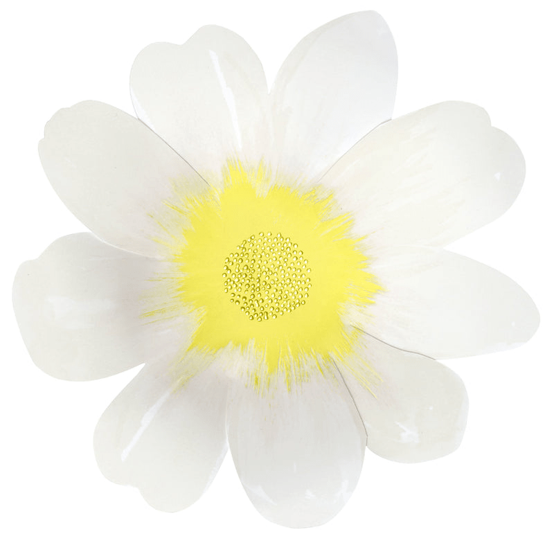 White daisy flower plate with yellow center spring theme from Parte Haus party supply store in Bethesda Maryland