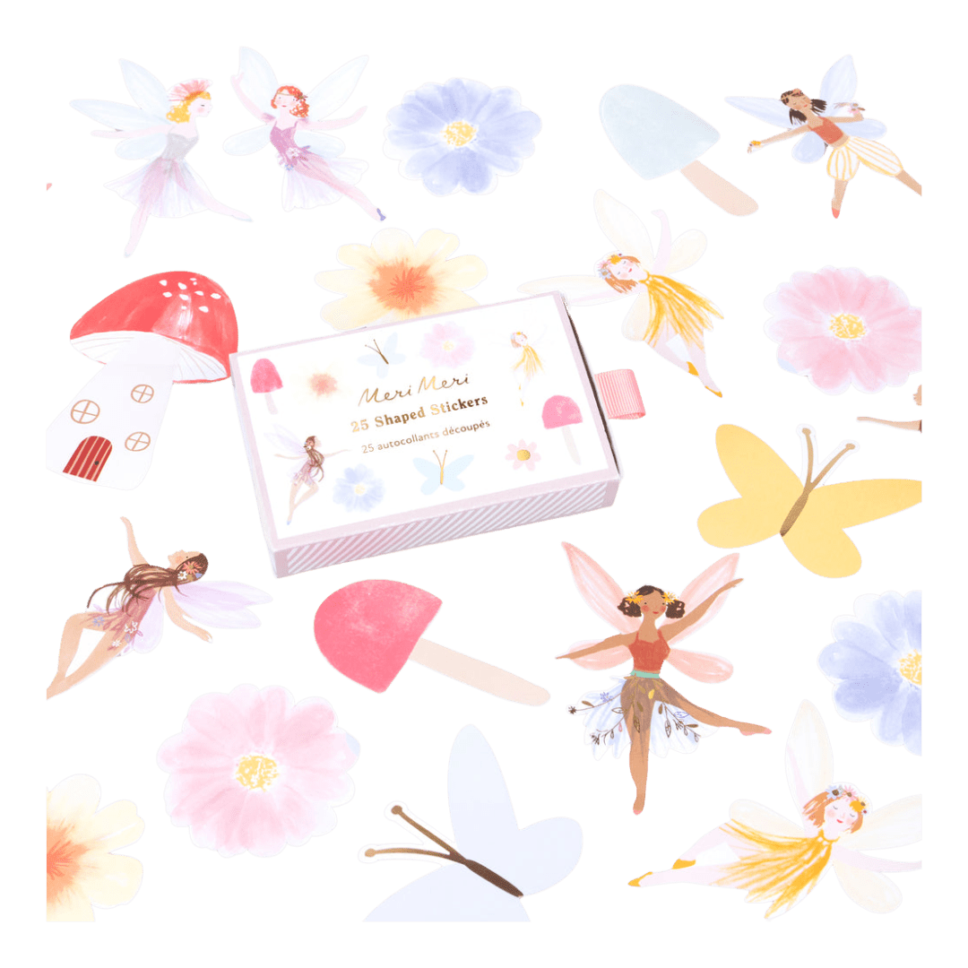 Pastel fairy sticker set with flowers and butterflies whimsical birthday theme from Parte Haus party supply store in Bethesda Maryland