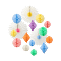 Multicolor honeycomb and paper fan decoration set for birthday celebration decor from Parte Haus party supply store in Bethesda Maryland
