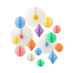 Multicolor honeycomb and paper fan decoration set for birthday celebration decor from Parte Haus party supply store in Bethesda Maryland