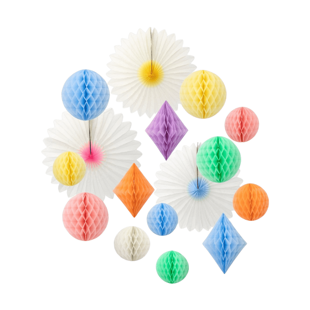 Multicolor honeycomb and paper fan decoration set for birthday celebration decor from Parte Haus party supply store in Bethesda Maryland