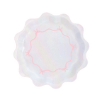 Iridescent white wavy plate with pink ribbon design birthday theme from Parte Haus party supply store in Bethesda MD