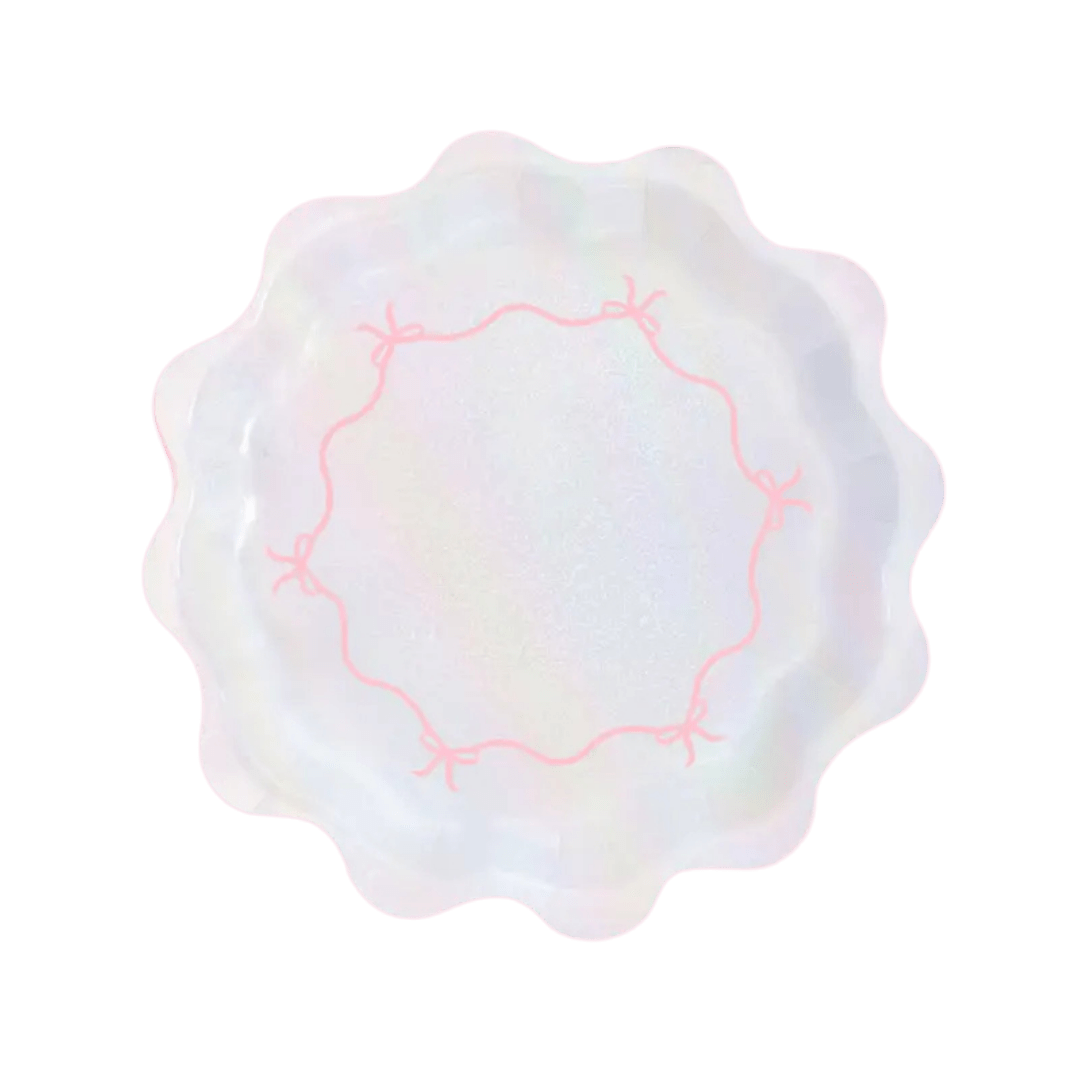 Iridescent white wavy plate with pink ribbon design birthday theme from Parte Haus party supply store in Bethesda MD