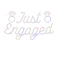 Iridescent Just Engaged banner with diamond ring shapes engagement decor from Parte Haus party supply store in Bethesda Maryland