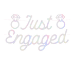 Iridescent Just Engaged banner with diamond ring shapes engagement decor from Parte Haus party supply store in Bethesda Maryland