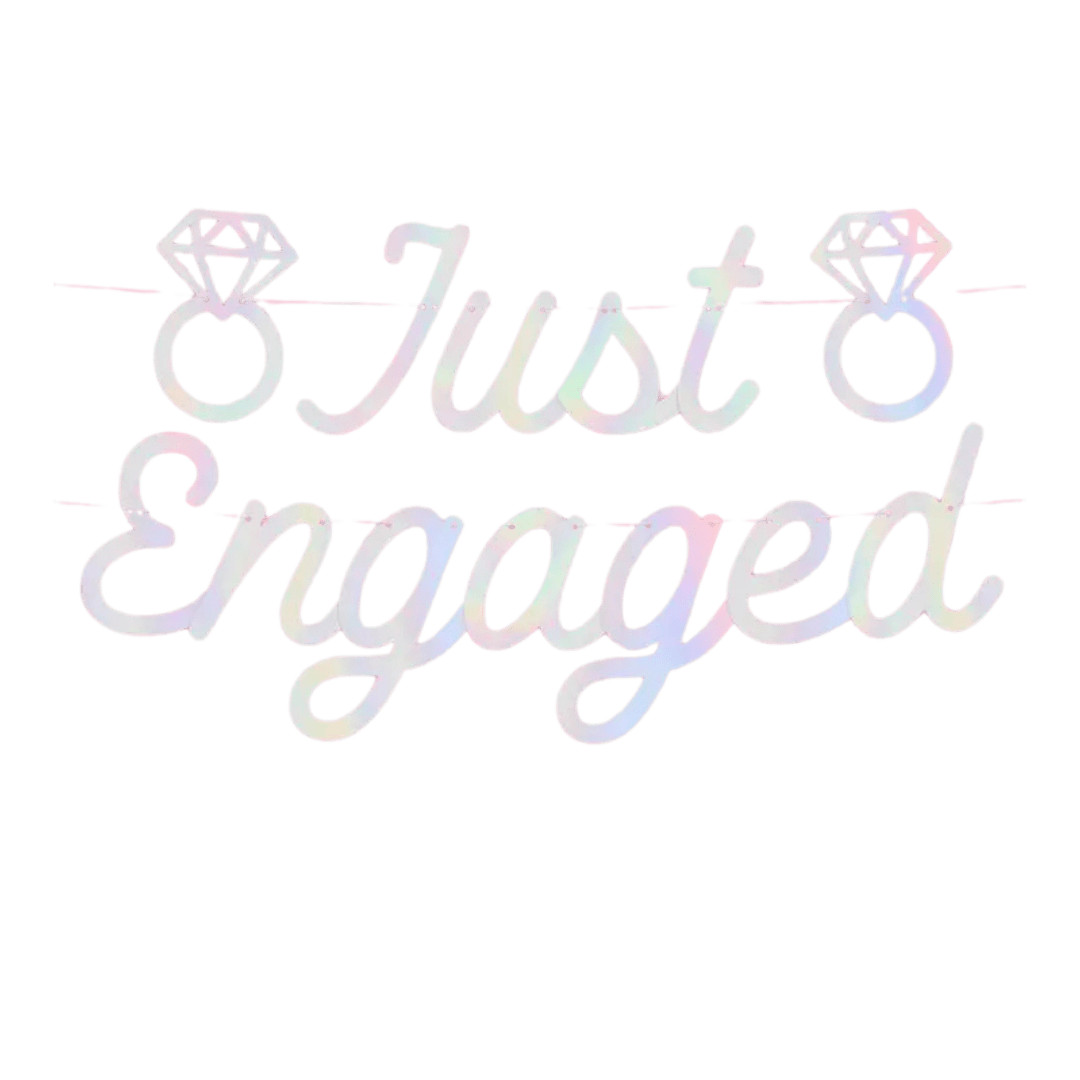 Iridescent Just Engaged banner with diamond ring shapes engagement decor from Parte Haus party supply store in Bethesda Maryland