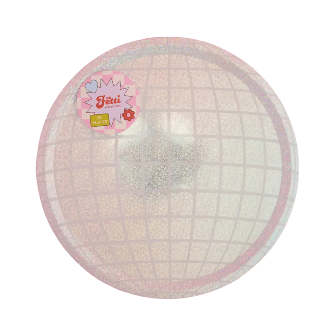 Pink disco ball paper plates with holographic shine for birthday theme from Parte Haus party supply store in Bethesda MD