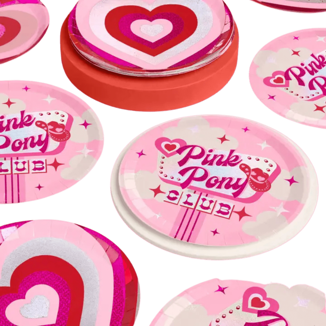 Pink plates heart design and Pink Pony Club theme from Parte Haus party supply store in Bethesda MD