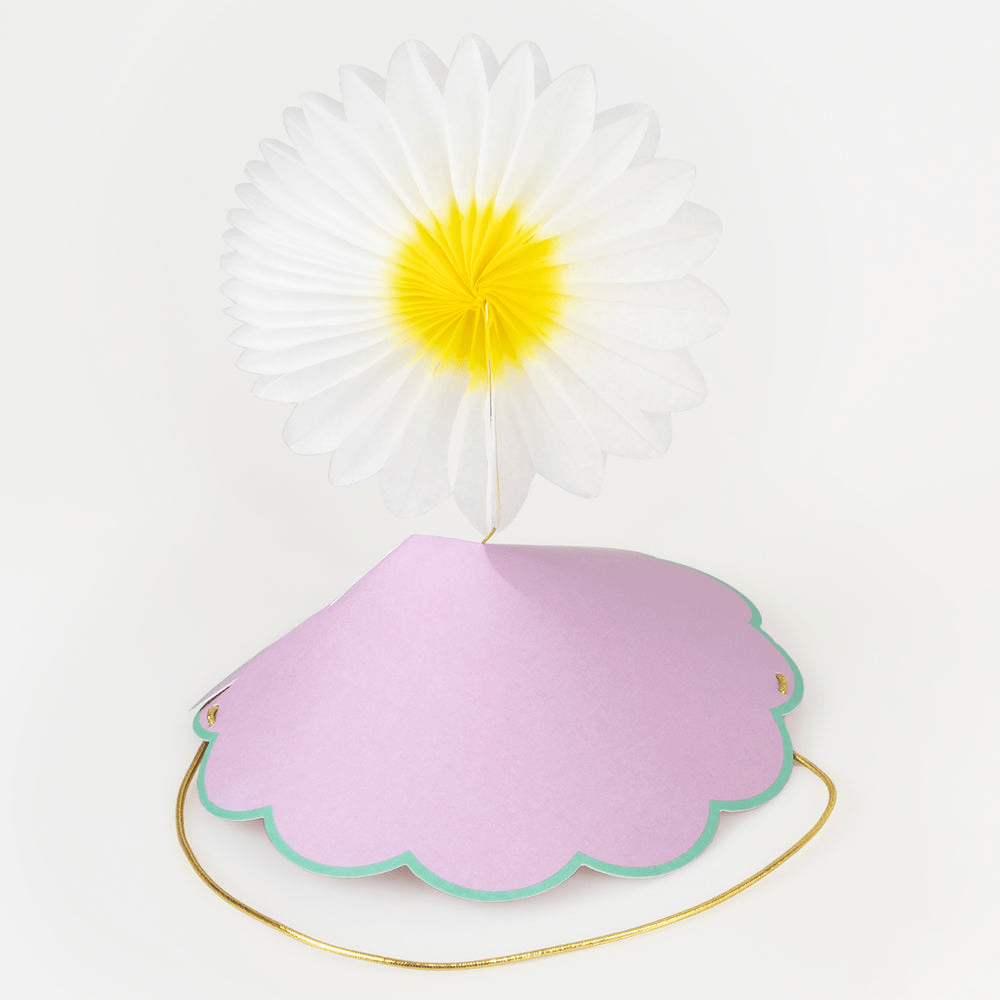 Purple and white flower party hat with gold string floral birthday theme from Parte Haus party supply store in Bethesda MD