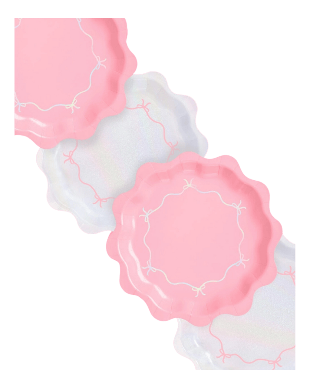 Pink and iridescent scalloped paper plates with bow design birthday theme from Parte Haus party supply store in Bethesda MD
