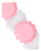 Pink and iridescent scalloped paper plates with bow design birthday theme from Parte Haus party supply store in Bethesda MD