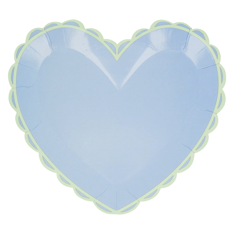 Pastel blue heart shaped plate with scalloped edge birthday theme from Parte Haus party supply store in Bethesda MD.