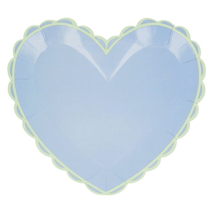 Pastel blue heart shaped plate with scalloped edge birthday theme from Parte Haus party supply store in Bethesda MD.