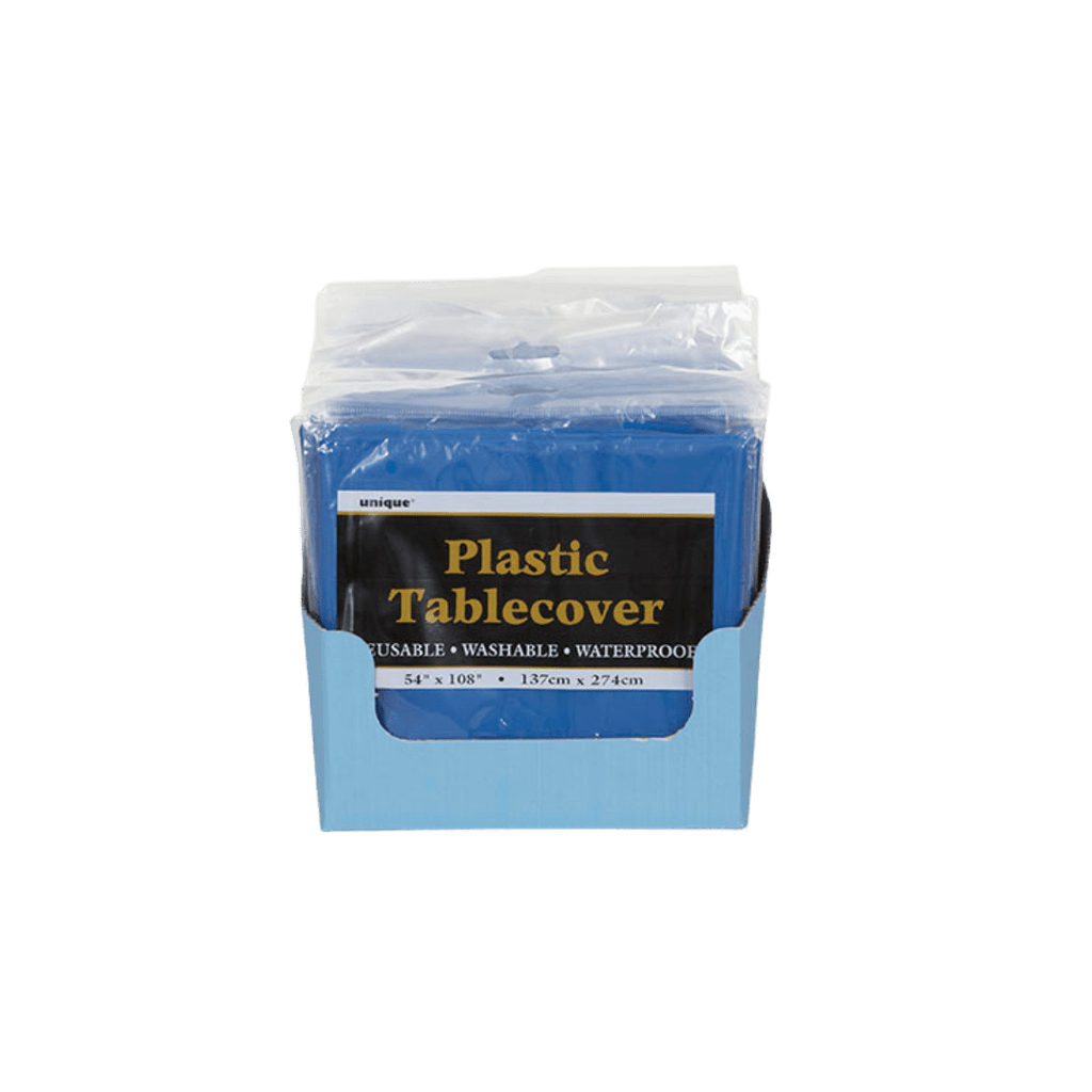 Blue plastic tablecover in packaging for any event from Parte Haus party supply store in Bethesda Maryland