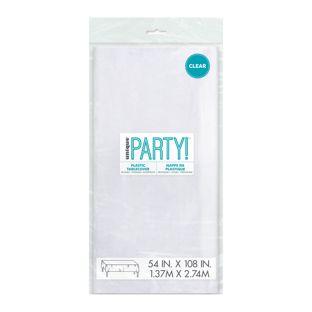 Clear plastic tablecover in packaging for any celebration from Parte Haus party supply store in Bethesda MD