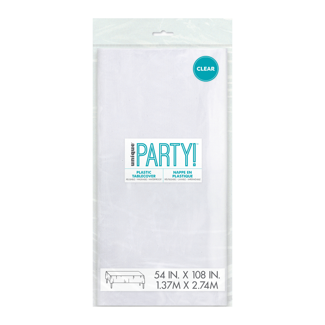 Clear plastic tablecover in packaging for any celebration from Parte Haus party supply store in Bethesda MD
