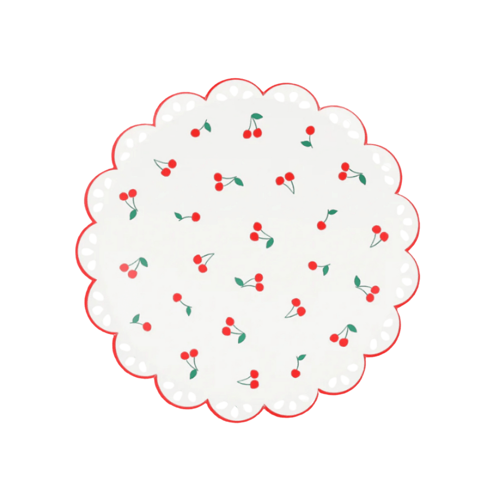 red and white cherry paper plate with scalloped edge summer theme from Parte Haus party supply store in Bethesda Maryland