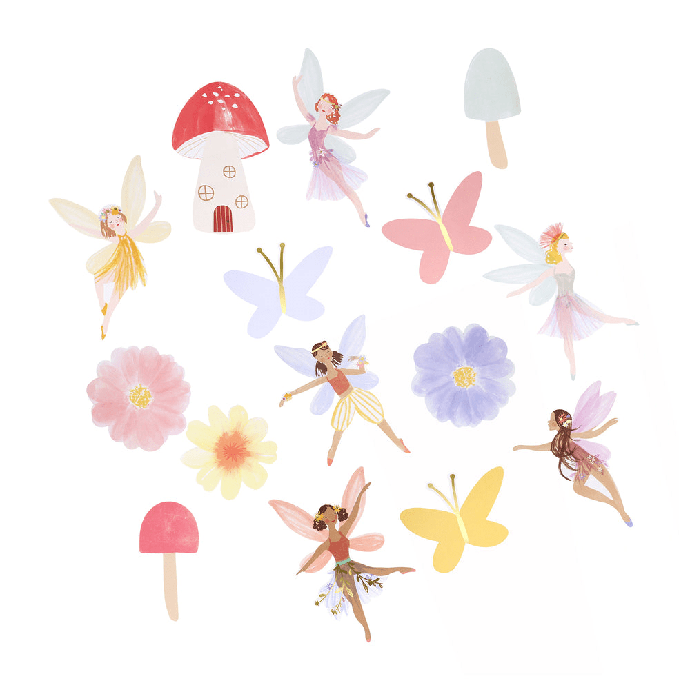 Pastel fairy sticker set featuring whimsical fairies butterflies flowers and mushrooms fairy birthday theme from Parte Haus party supply store in Bethesda MD