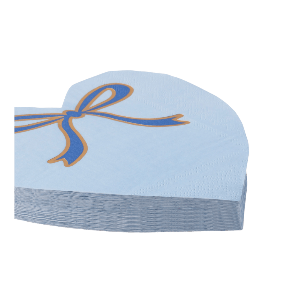Light blue heart shaped napkin with blue and orange bow for celebrations from Parte Haus party supply store in Bethesda MD