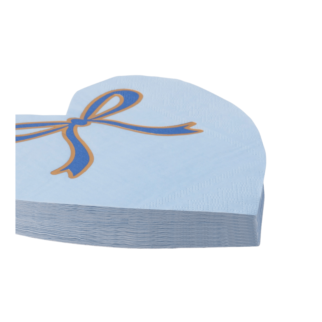 Light blue heart shaped napkin with blue and orange bow for celebrations from Parte Haus party supply store in Bethesda MD