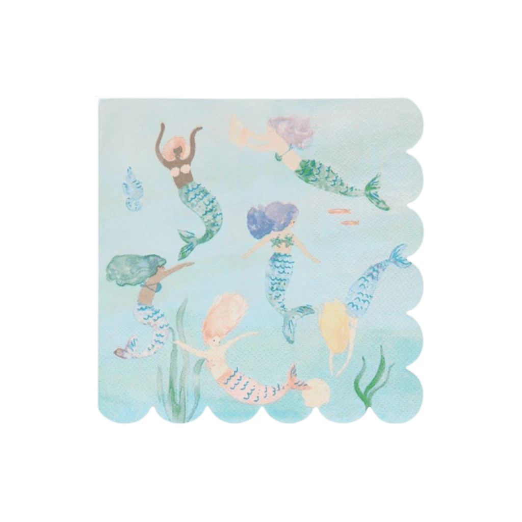 Blue mermaid napkin with underwater scene kids birthday theme from Parte Haus party supply store in Bethesda Maryland