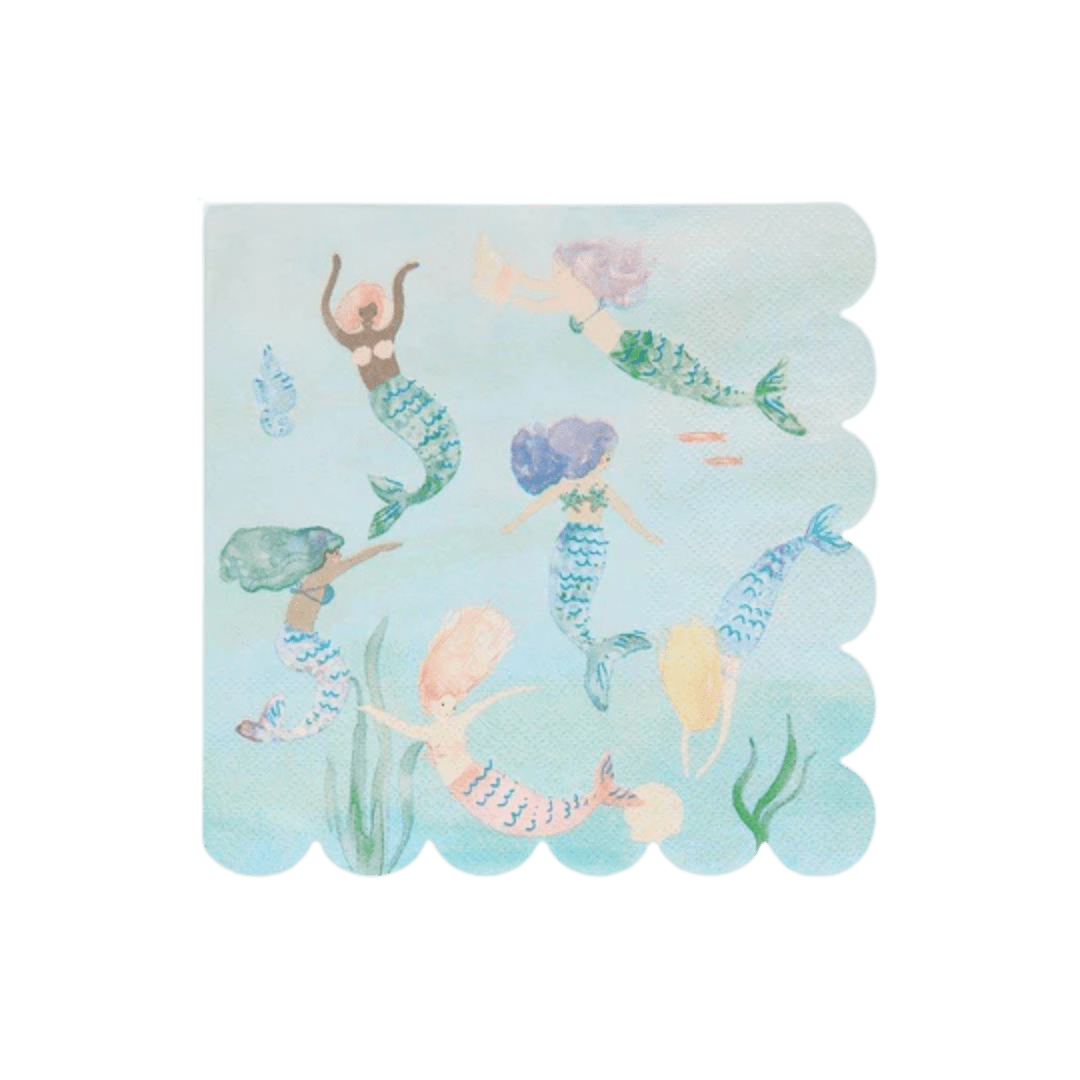 Blue mermaid napkin with underwater scene kids birthday theme from Parte Haus party supply store in Bethesda Maryland