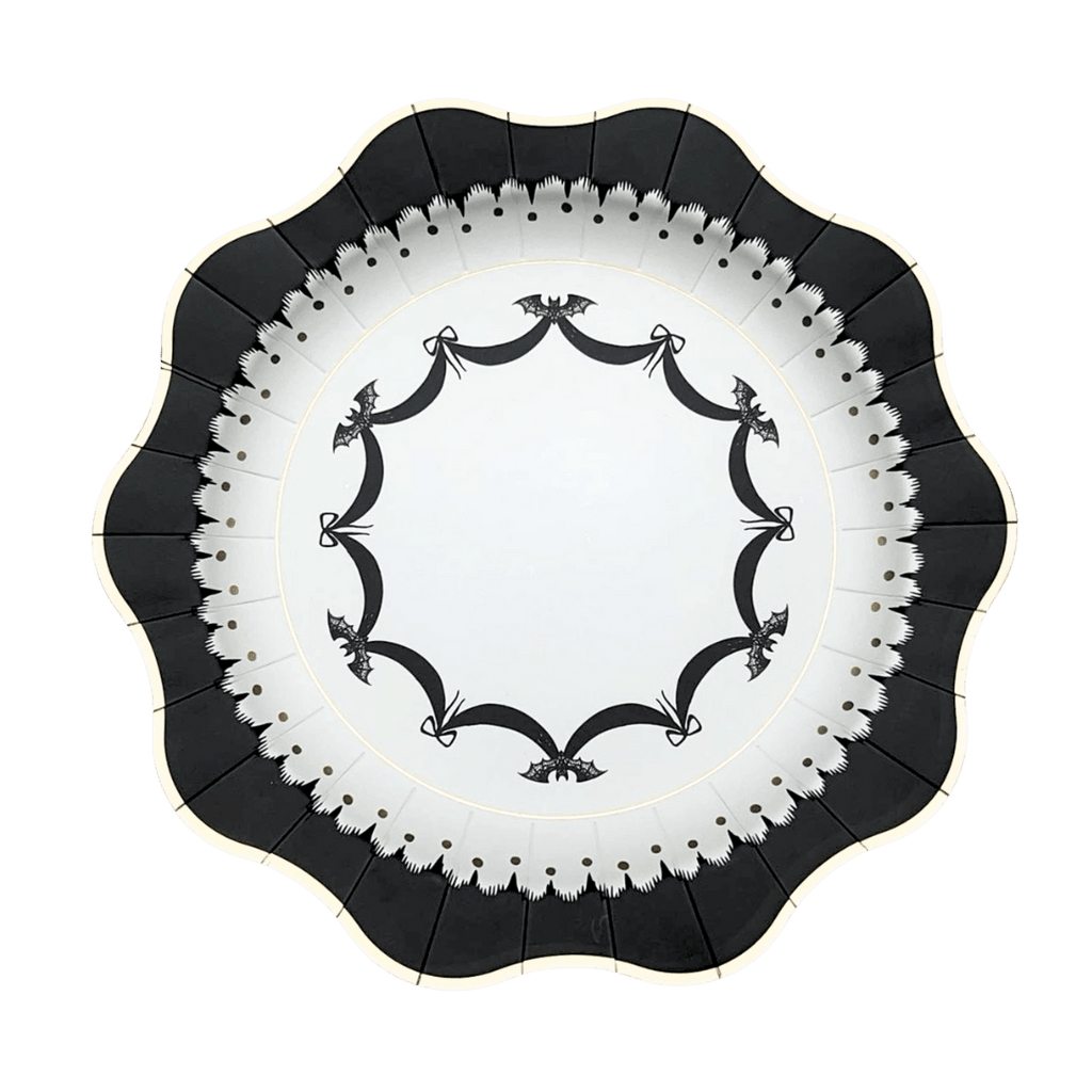 Black Halloween paper plate with bat design from Parte Haus party supply store in Bethesda MD