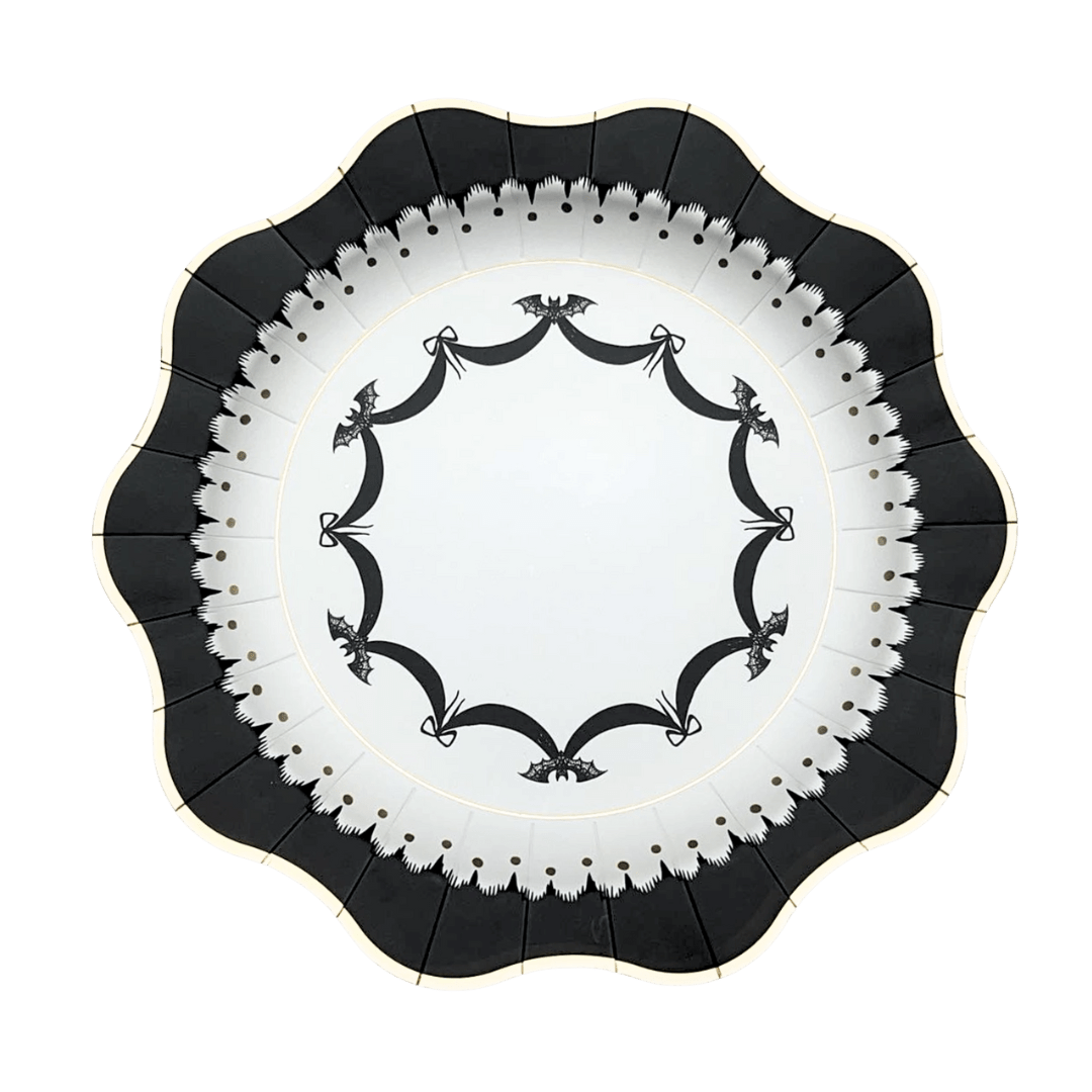 Black Halloween paper plate with bat design from Parte Haus party supply store in Bethesda MD