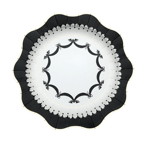 Black Halloween paper plate with bat design from Parte Haus party supply store in Bethesda MD