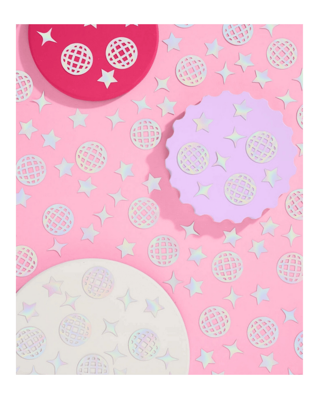 Pink purple and white disco theme plates with star patterns birthday from Parte Haus party supply store in Bethesda MD