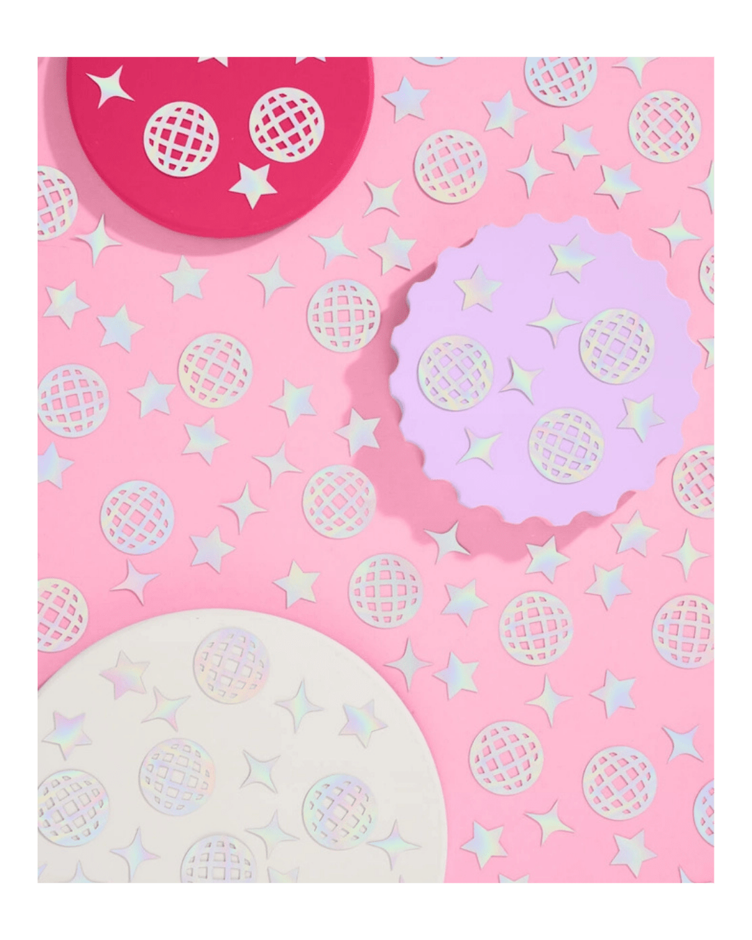 Pink purple and white disco theme plates with star patterns birthday from Parte Haus party supply store in Bethesda MD
