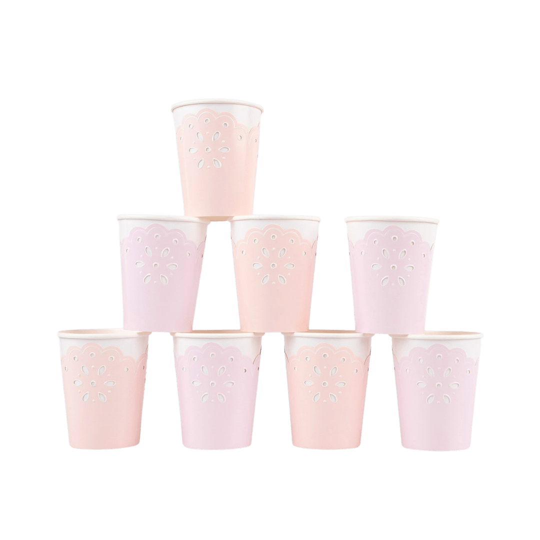 Pastel pink paper cups with scalloped lace design birthday theme from Parte Haus party supply store in Bethesda MD