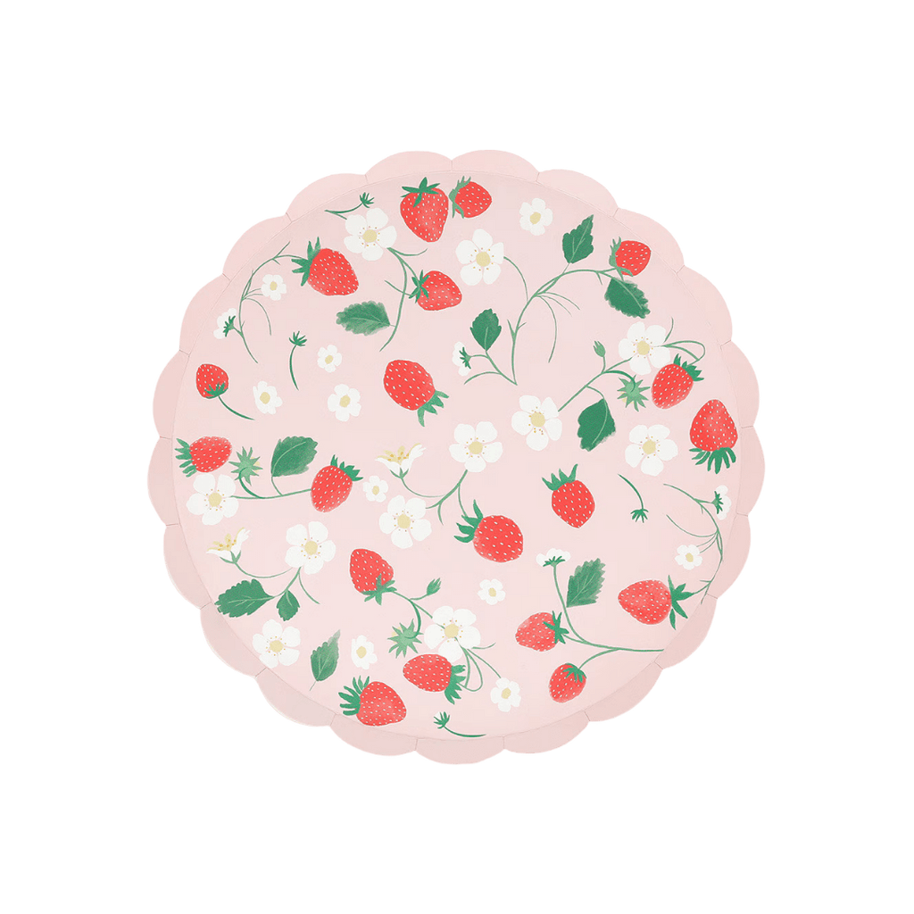 Pink strawberry plate with floral pattern summer theme from Parte Haus party supply store in Bethesda Maryland