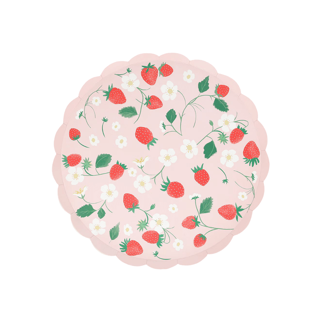 Pink strawberry plate with floral pattern summer theme from Parte Haus party supply store in Bethesda Maryland