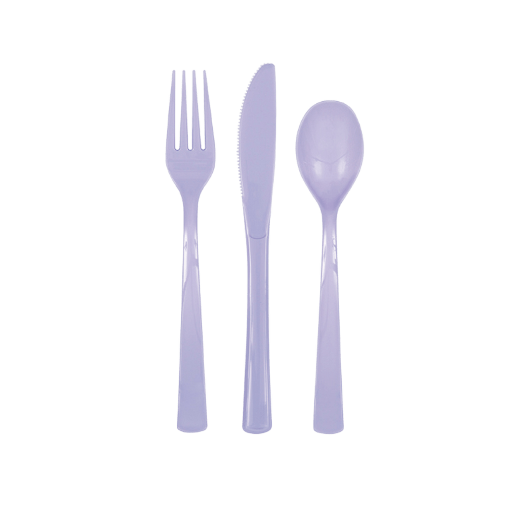 Lavender plastic cutlery set with fork knife and spoon simple tableware for birthday from Parte Haus party supply store in Bethesda MD