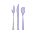 Lavender plastic cutlery set with fork knife and spoon simple tableware for birthday from Parte Haus party supply store in Bethesda MD