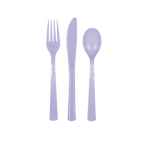 Lavender plastic cutlery set with fork knife and spoon simple tableware for birthday from Parte Haus party supply store in Bethesda MD