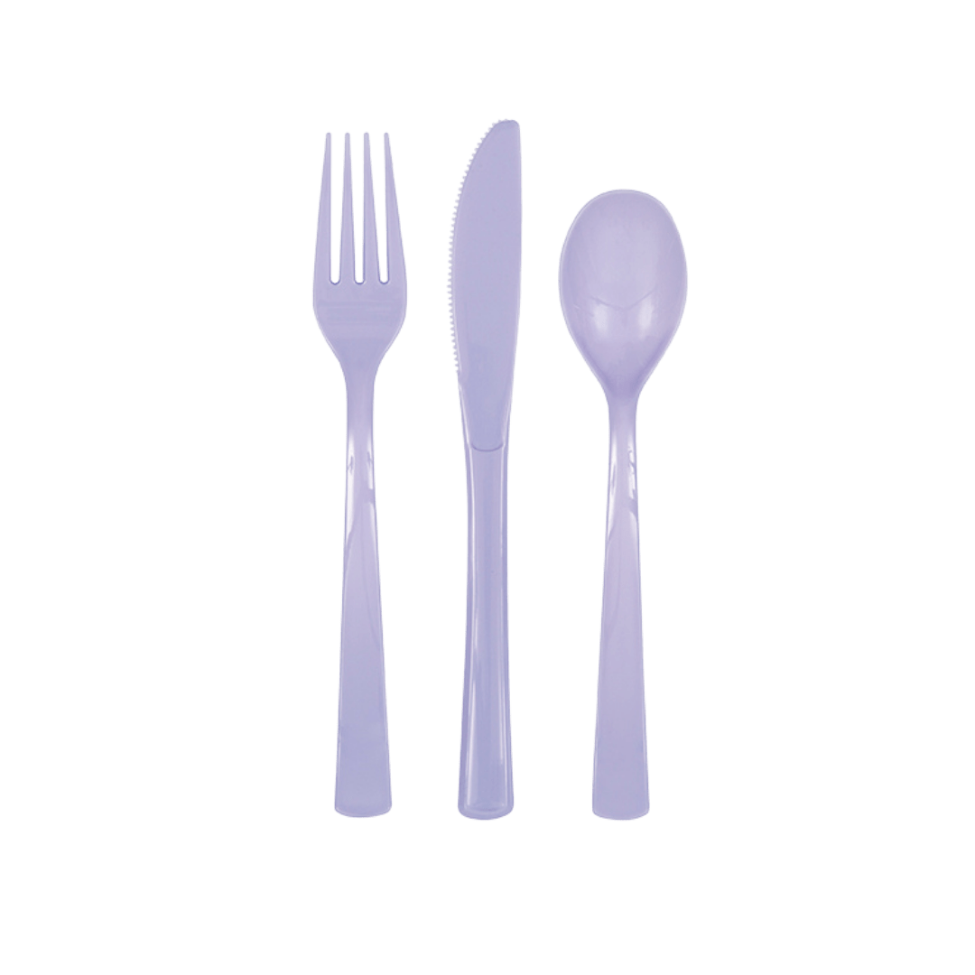 Lavender plastic cutlery set with fork knife and spoon simple tableware for birthday from Parte Haus party supply store in Bethesda MD
