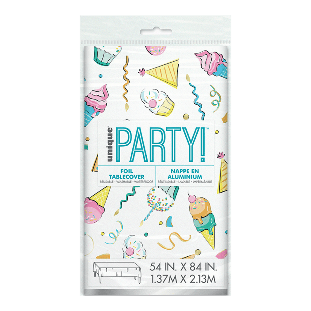 Colorful foil tablecover with cupcakes and ice cream birthday theme from Parte Haus party supply store in Bethesda MD.