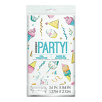 Colorful foil tablecover with cupcakes and ice cream birthday theme from Parte Haus party supply store in Bethesda MD.