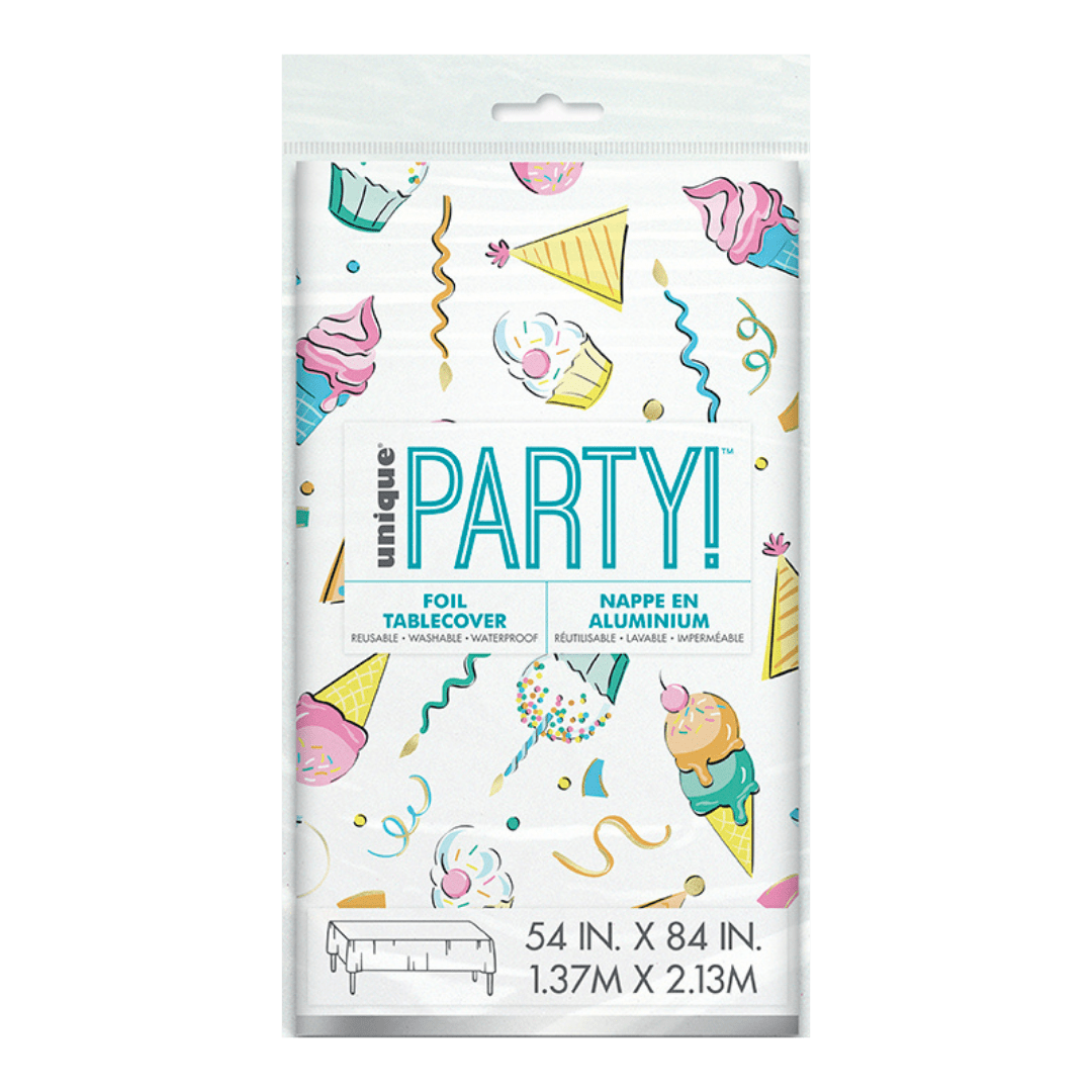 Colorful foil tablecover with cupcakes and ice cream birthday theme from Parte Haus party supply store in Bethesda MD.