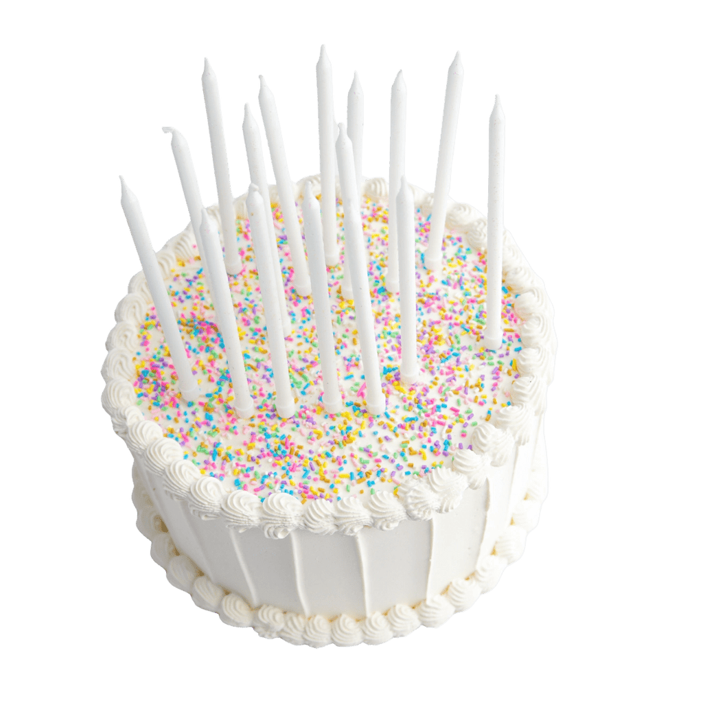 White birthday cake with colorful sprinkles and tall candles celebration theme from Parte Haus party supply store in Bethesda Maryland