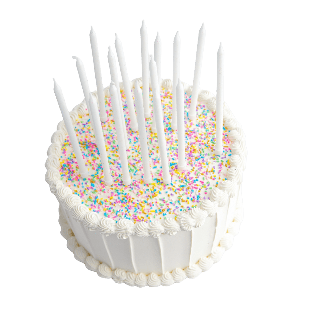 White birthday cake with colorful sprinkles and tall candles celebration theme from Parte Haus party supply store in Bethesda Maryland